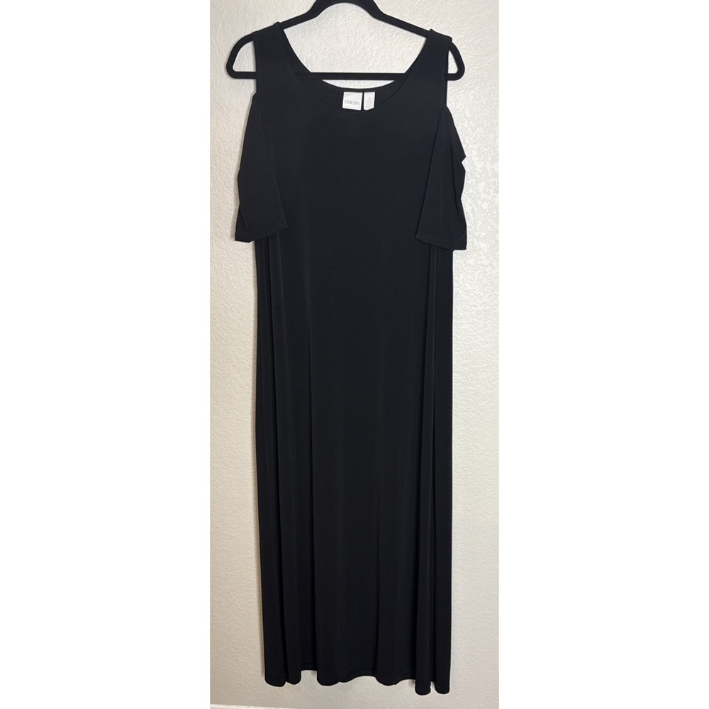 Chicos Travelers 3 US XL Black Cold Shoulder Maxi Dress Slinky Flowy Beach Event
